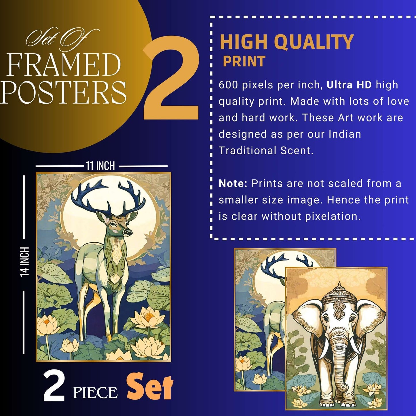 Set of Two Wall Paintings for Wall Dacoration Golden Framed Wall Paintings for Living Room & Bedroom Wall Art for Home Decoration & Office Wall Décor (14×11 inch CH-GD2-14)