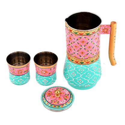 Aluminium Jug Set with 2 Glass Tumblers – 21 cm for kitchen décor ,Table Top , And Home Decoration
