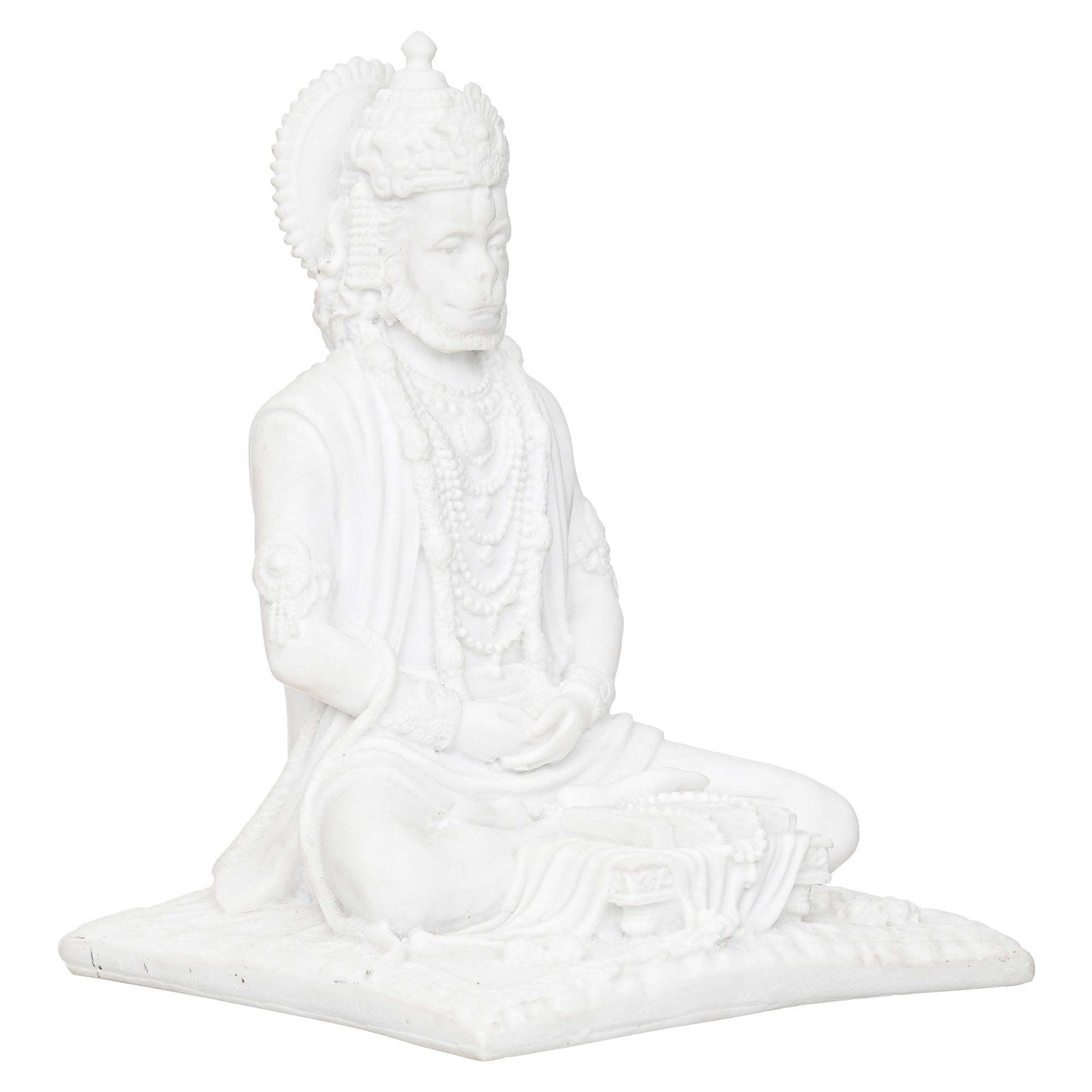 White Marble Lord Hanuman Sitting Statue with gada & Reading Book Decorative Showpiece