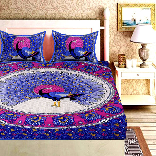 100% Pure Cotton Traditional Printed Bedsheet for Double Bed King Size Bedsheet with 2 Pillow Covers