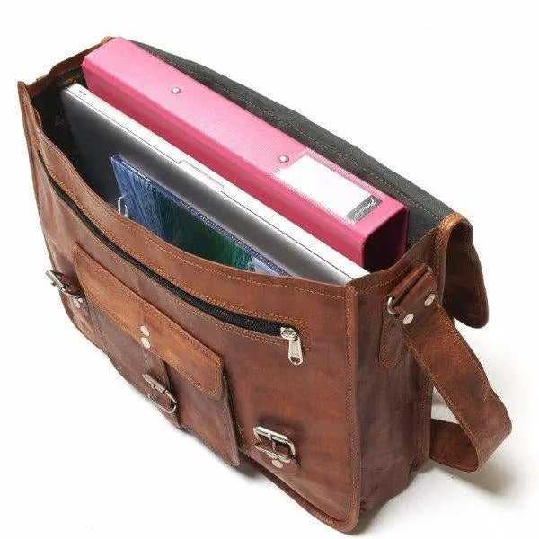 Craftshades – 13 Inch Single Pocket Double Strip Handcrafted Satchel Goat Leather Bag | 100% Genuine Leather