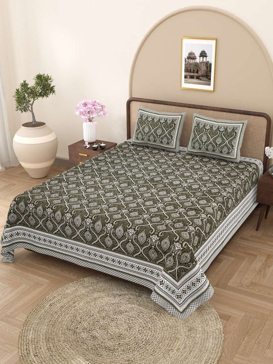 100% Pure Cotton Traditional Printed Bedsheet for Double Bed King Size Bedsheet with 2 Pillow Covers