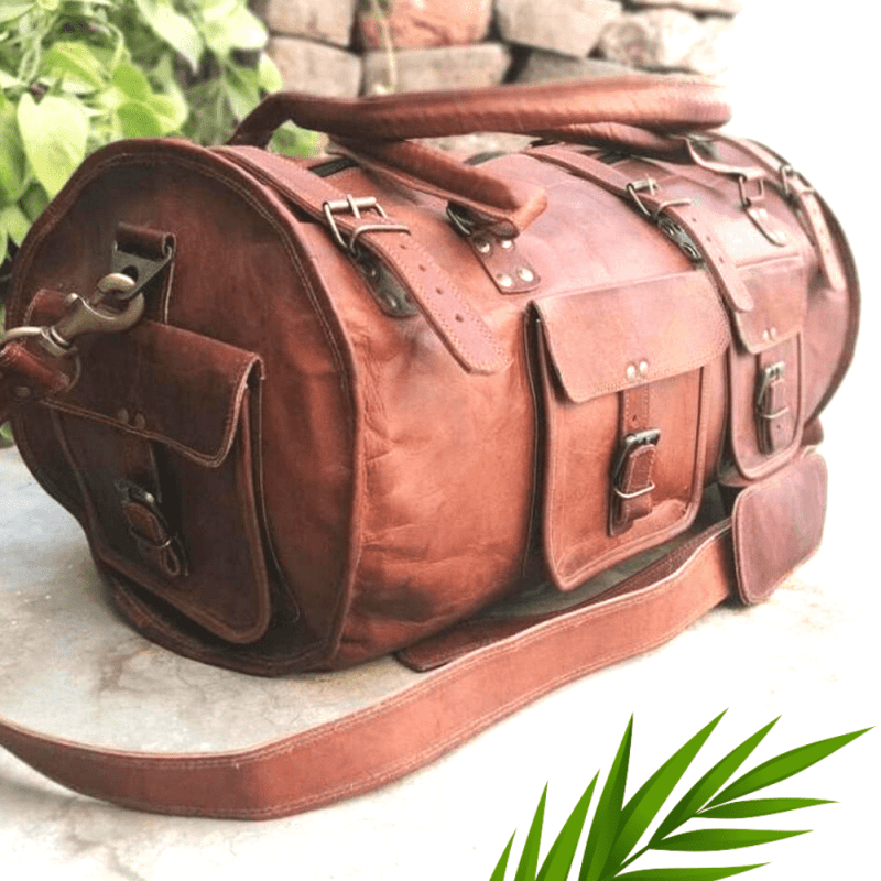 Craftshades – 3 Outer Pockets 24″ (Expandable) Edge Handcrafted Duffle Goat Leather Bag | 100% Genuine Leather