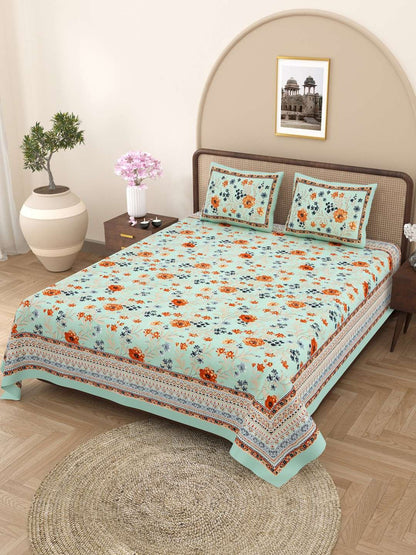 100% Pure Cotton Traditional Printed Bedsheet for Double Bed King Size Bedsheet with 2 Pillow Covers