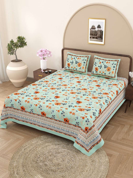 100% Pure Cotton Traditional Printed Bedsheet for Double Bed King Size Bedsheet with 2 Pillow Covers