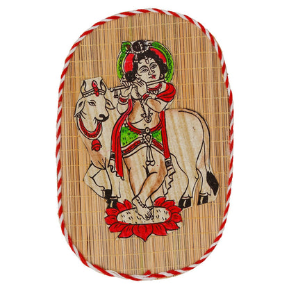 Oval Shaped Design Bamboo Hand Crafted Wall Hangings Of Bal Gopal With Holy Cow For Home D’cor | Bamboo Art For Wall Decor