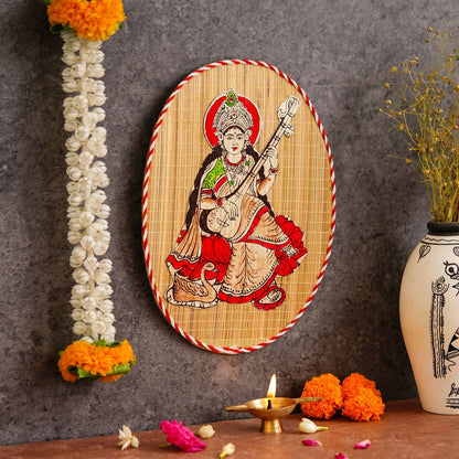 Oval Shaped Design Bamboo Hand Crafted Wall Hangings Of Godess Sarwasti Ji For Home D’cor