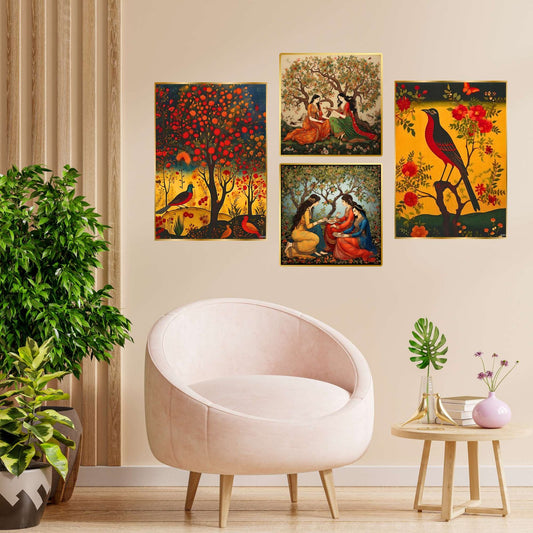 Set of Four Wall Paintings for Wall Dacoration Golden Framed Wall Paintings for Living Room & Bedroom Wall Art for Home Decoration & Office Wall Décor (13×10 inch CH-GD4-13)