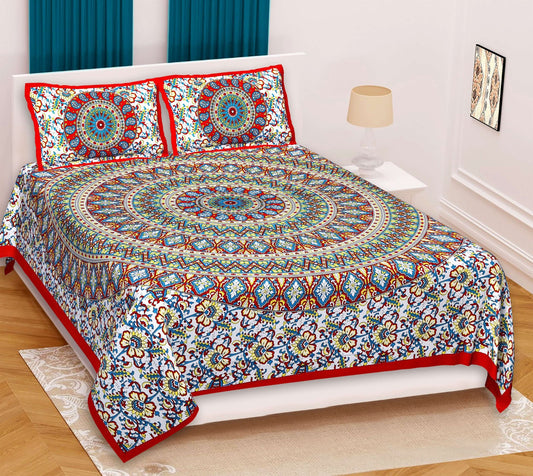 100% Pure Cotton Traditional Printed Bedsheet for Double Bed King Size Bedsheet with 2 Pillow Covers