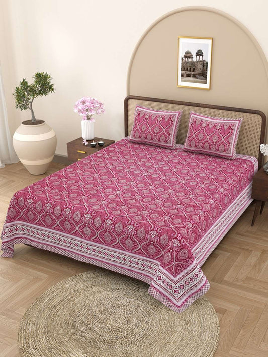 100% Pure Cotton Traditional Printed Bedsheet for Double Bed King Size Bedsheet with 2 Pillow Covers