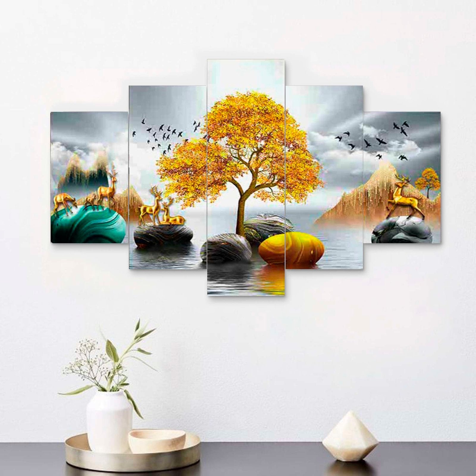 Nature Set of Five 3D Framed Paintings for Wall Decoration – Ideal for Home, Living Room, and Bedroom (125 x 60 CM)