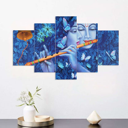 Radhe Krishna Set of Five 3D Framed Paintings for Wall Decoration – Ideal for Home, Living Room, and Bedroom (75 x 43 CM)