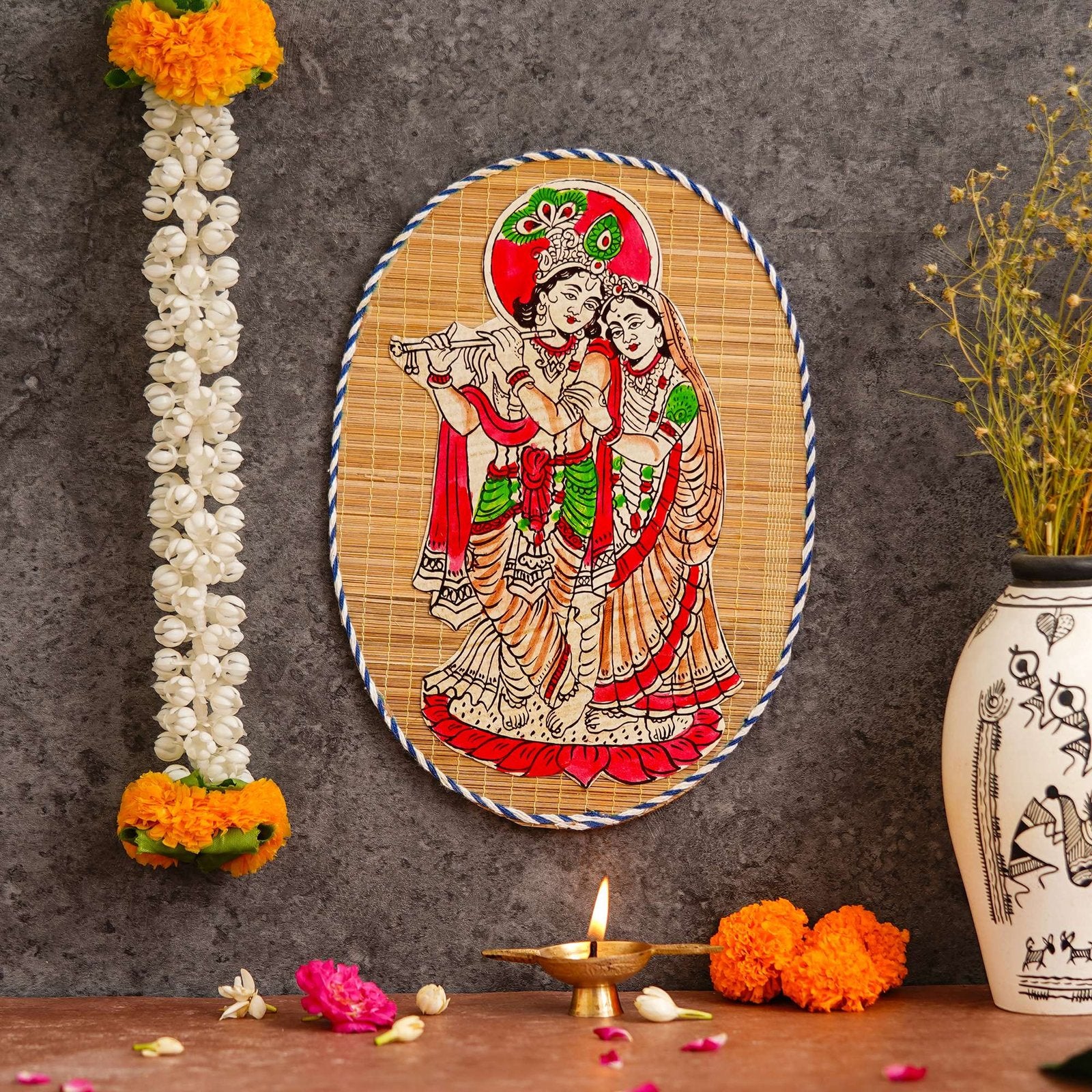 Oval Shaped Design Bamboo Hand Crafted Wall Hangings Of Krishna Ji With Radha Ji For Home D’cor | Bamboo Art For Wall Decor