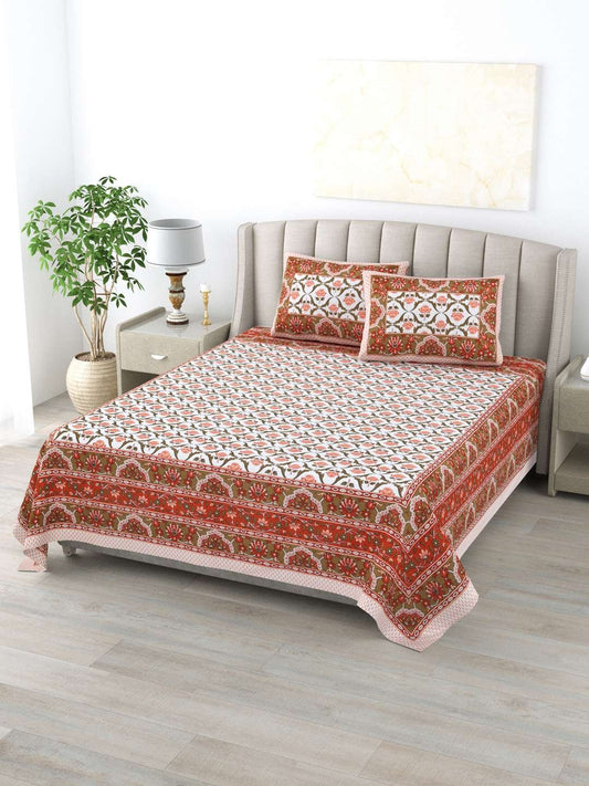 100% Pure Cotton Traditional Printed Bedsheet for Double Bed King Size Bedsheet with 2 Pillow Covers