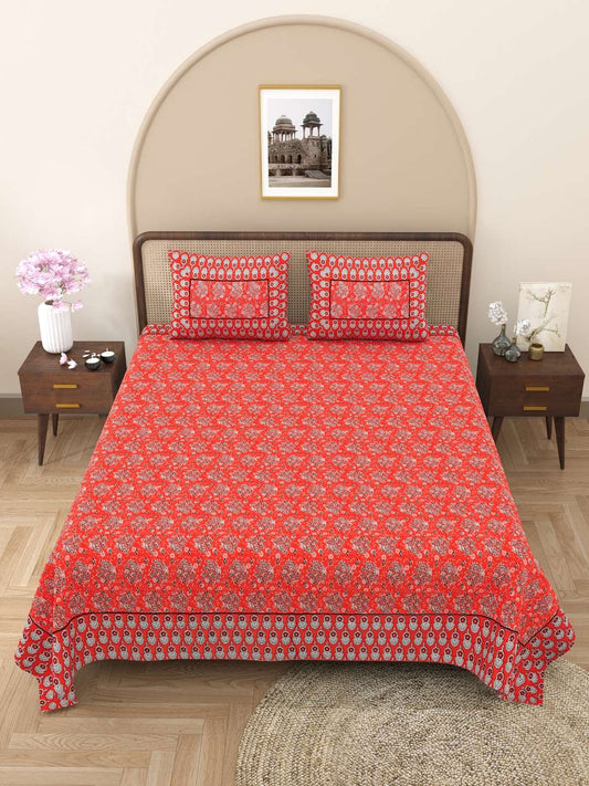100% Pure Cotton Traditional Printed Bedsheet for Double Bed King Size Bedsheet with 2 Pillow Covers