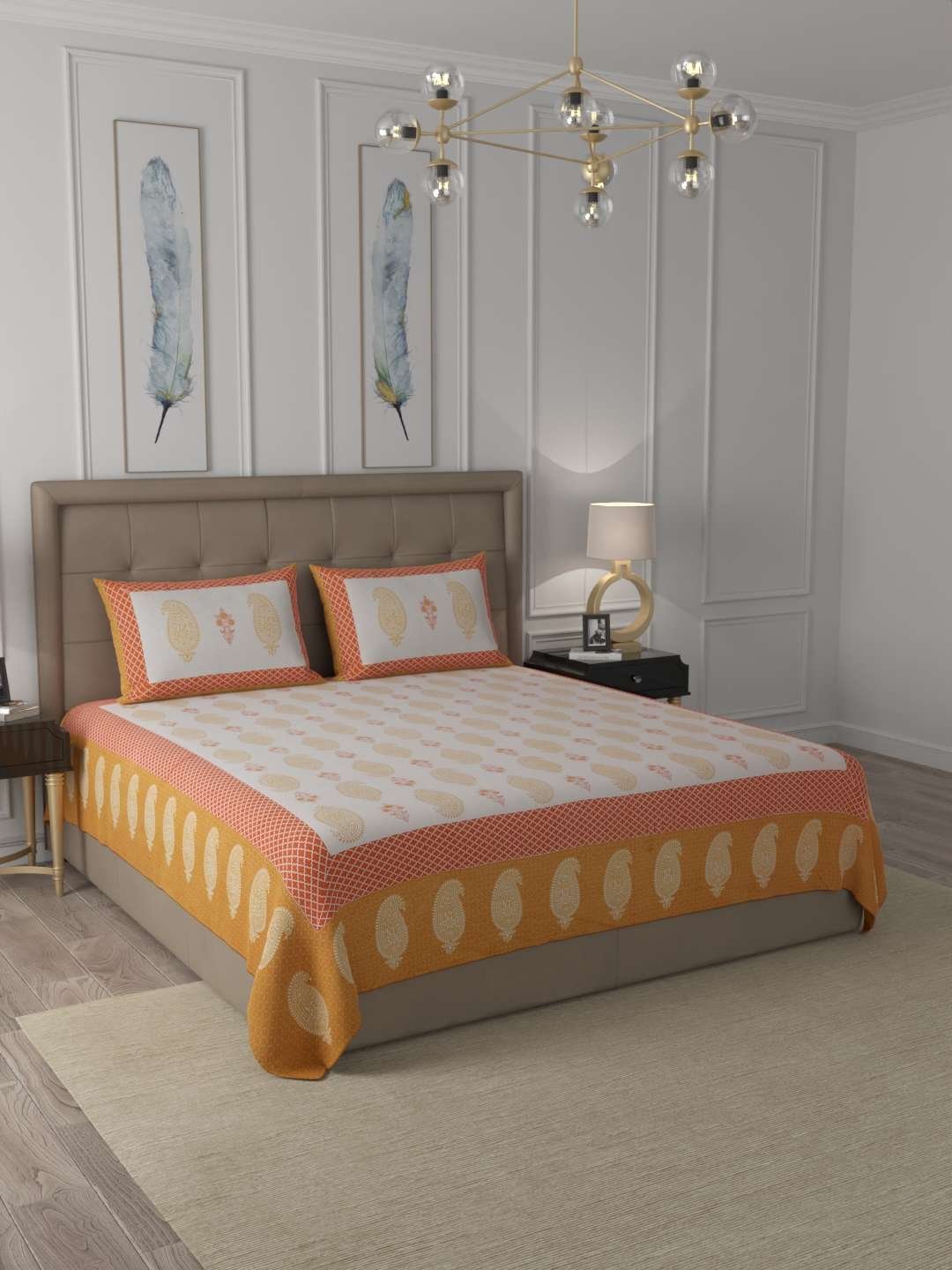 100% Pure Cotton Traditional Printed Bedsheet for Double Bed King Size Bedsheet with 2 Pillow Covers