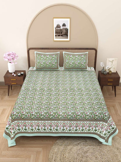 100% Pure Cotton Traditional Printed Bedsheet for Double Bed King Size Bedsheet with 2 Pillow Covers