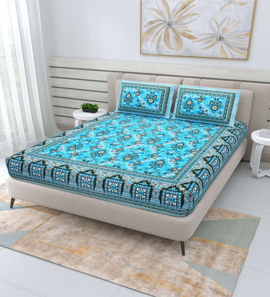 100% Pure Cotton Traditional Printed Bedsheet for Double Bed King Size Bedsheet with 2 Pillow Covers