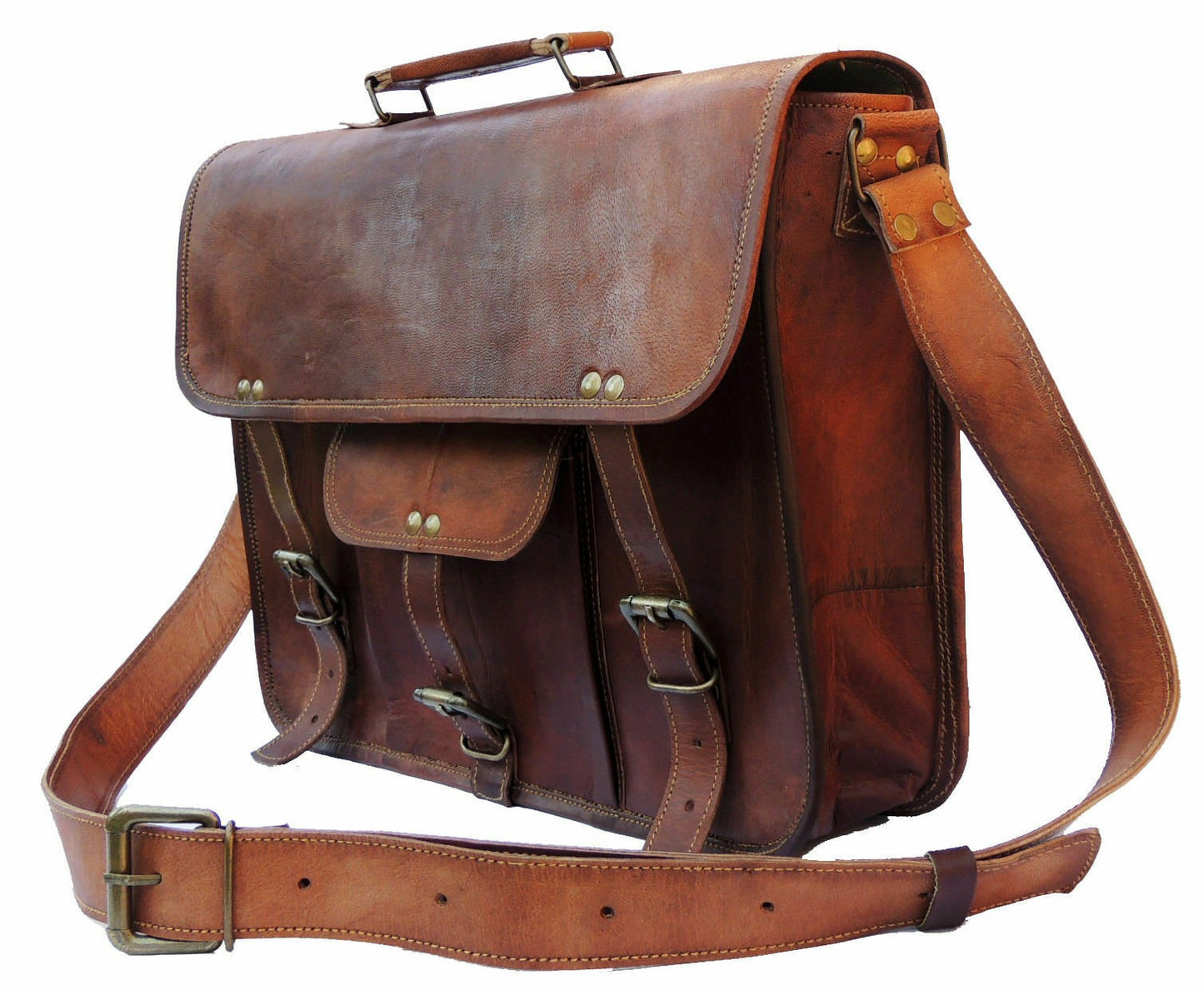 Craftshades – 13 Inch Single Pocket Double Strip Handcrafted Satchel Goat Leather Bag | 100% Genuine Leather