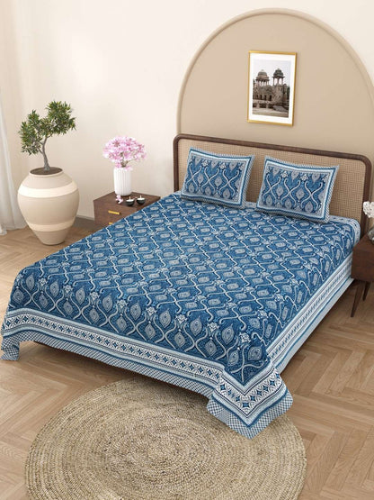 100% Pure Cotton Traditional Printed Bedsheet for Double Bed King Size Bedsheet with 2 Pillow Covers