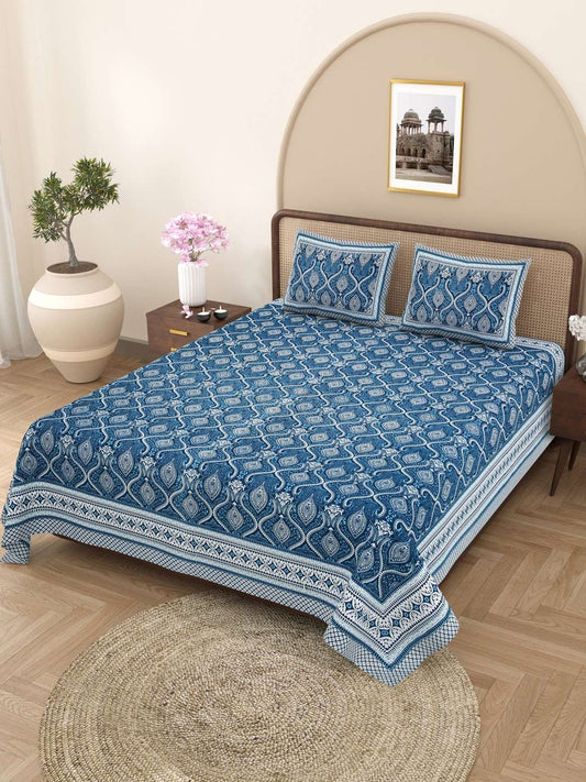 100% Pure Cotton Traditional Printed Bedsheet for Double Bed King Size Bedsheet with 2 Pillow Covers