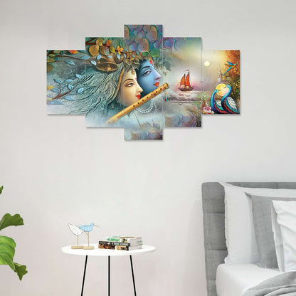 Radhe Krishna Set of Five 3D Framed Paintings for Wall Decoration – Ideal for Home, Living Room, and Bedroom (125 x 60 CM)