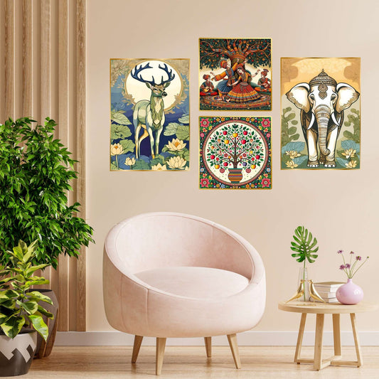 Set of Four Wall Paintings for Wall Dacoration Golden Framed Wall Paintings for Living Room & Bedroom Wall Art for Home Decoration & Office Wall Décor (13×10 inch CH-GD4-14)