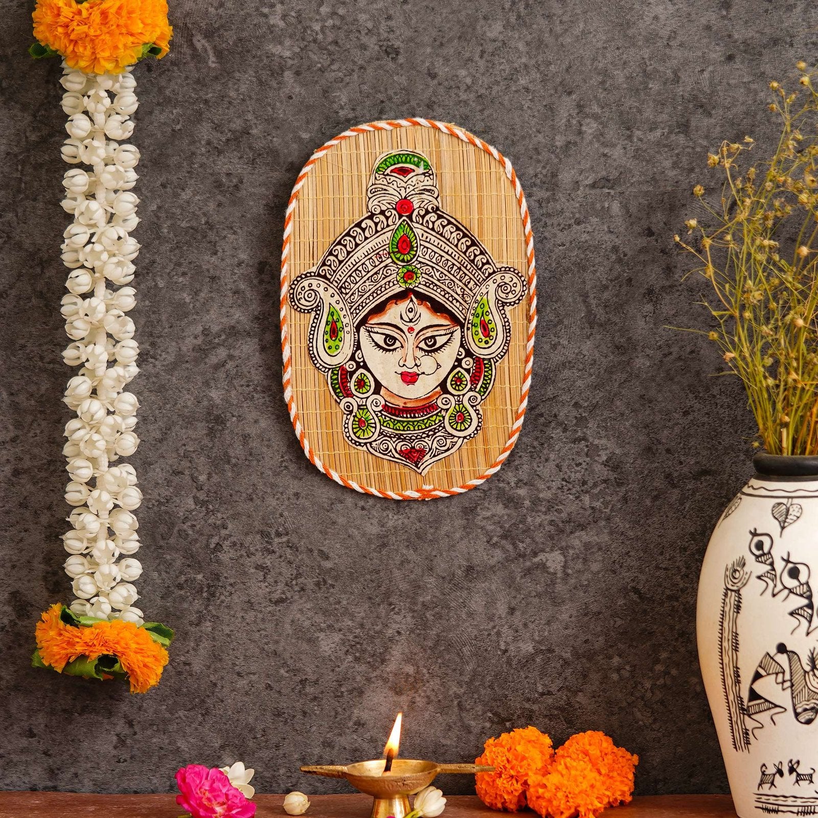 Oval Shaped Design Bamboo Hand Crafted Wall Hangings Durga Ji For Home D?cor | Bamboo Art For Wall Decor