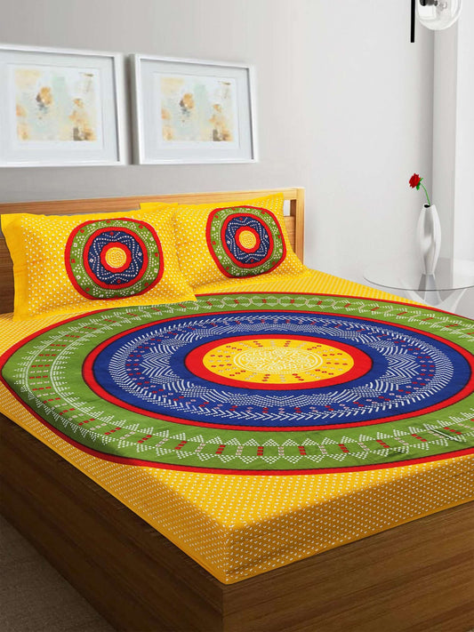 100% Pure Cotton Traditional Printed Bedsheet for Double Bed King Size Bedsheet with 2 Pillow Covers