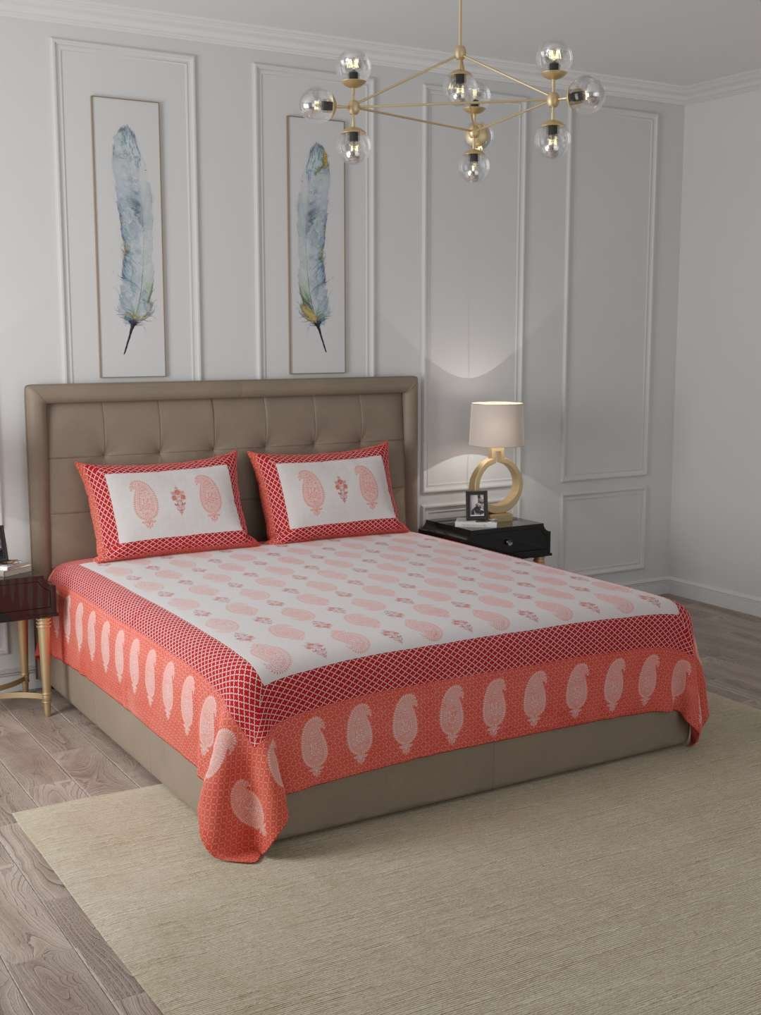 100% Pure Cotton Traditional Printed Bedsheet for Double Bed King Size Bedsheet with 2 Pillow Covers