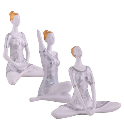Suitable for home decor Yoga Posture Lady Statue Idol for Home Yoga Statue three pair admirable piece of gift (silver)