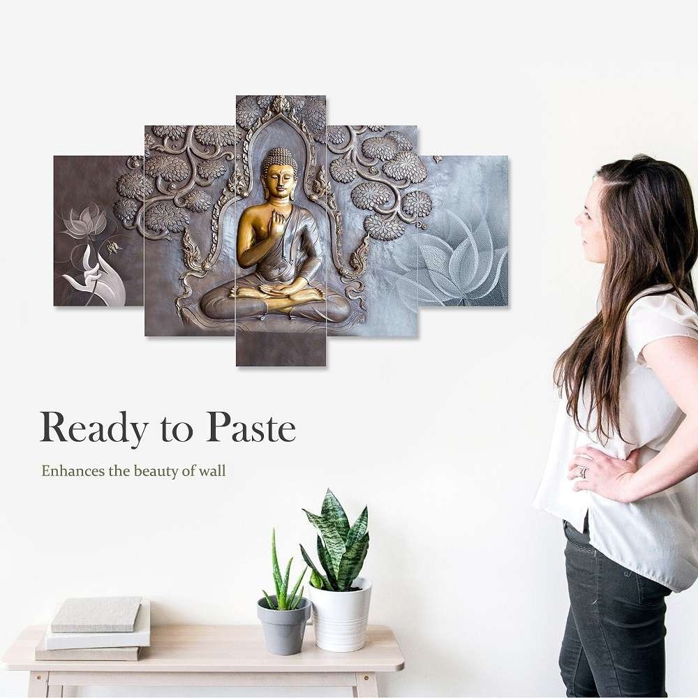 Buddha Set of Five 3D Framed Paintings for Wall Decoration – Ideal for Home, Living Room, and Bedroom (125 x 60 CM)