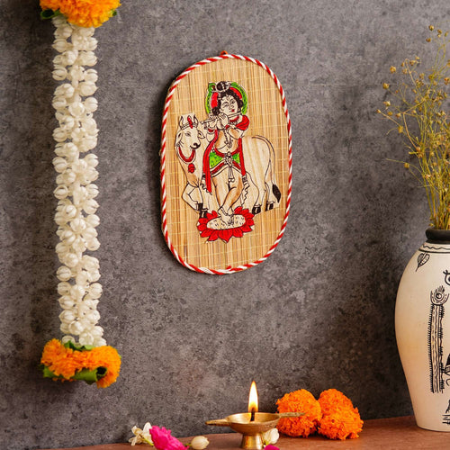 Oval Shaped Design Bamboo Hand Crafted Wall Hangings Of Bal Gopal With Holy Cow For Home D’cor | Bamboo Art For Wall Decor