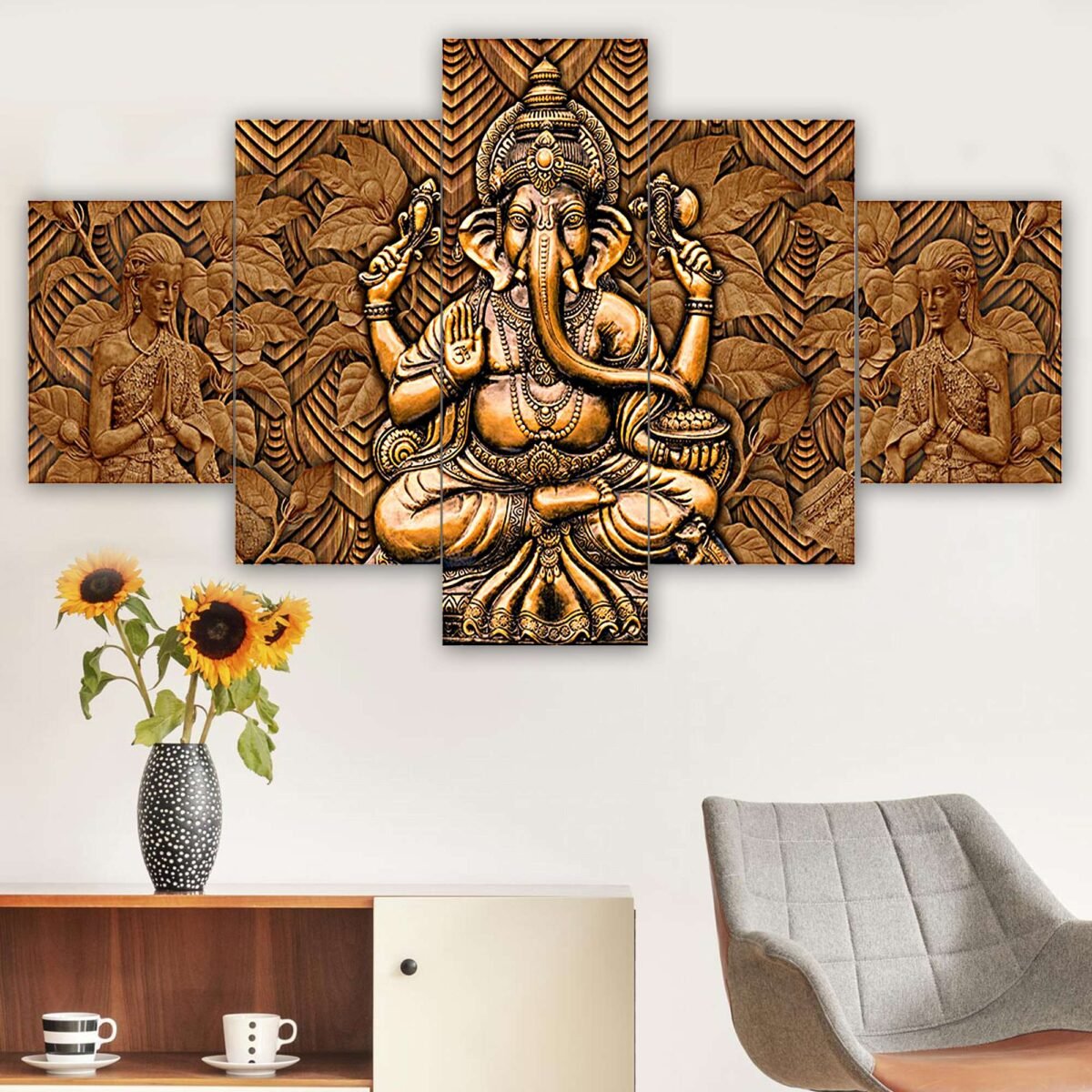 Ganesh Set of Five 3D Framed Paintings for Wall Decoration – Ideal for Home, Living Room, and Bedroom (125 x 60 CM)