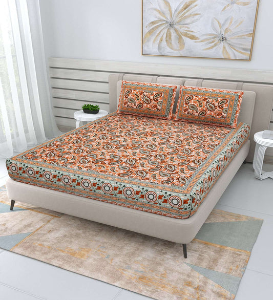 100% Pure Cotton Traditional Printed Bedsheet for Double Bed King Size Bedsheet with 2 Pillow Covers