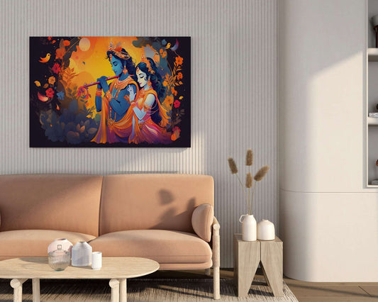 Krishna Playing Flute with Radha Wall Painting Modern Spiritual Decor HD Multicolor Canvas Frame