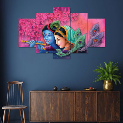 Radhe Krishna Set of Five 3D Framed Paintings for Wall Decoration – Ideal for Home, Living Room, and Bedroom (125 x 60 CM)