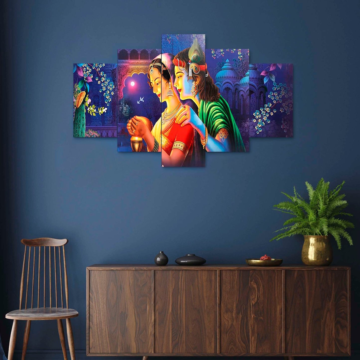 Radhe Krishna Set of Five 3D Framed Paintings for Wall Decoration – Ideal for Home, Living Room, and Bedroom (75 x 43 CM)