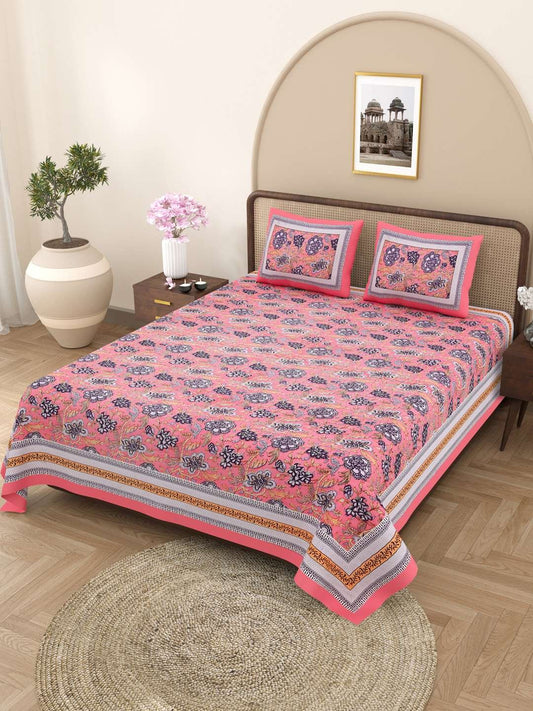100% Pure Cotton Traditional Printed Bedsheet for Double Bed King Size Bedsheet with 2 Pillow Covers