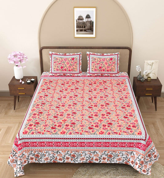 100% Pure Cotton Traditional Printed Bedsheet for Double Bed King Size Bedsheet with 2 Pillow Covers