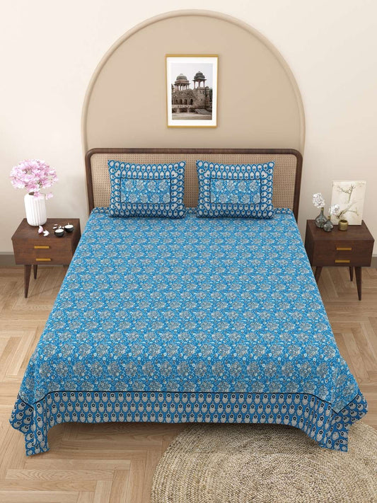 100% Pure Cotton Traditional Printed Bedsheet for Double Bed King Size Bedsheet with 2 Pillow Covers