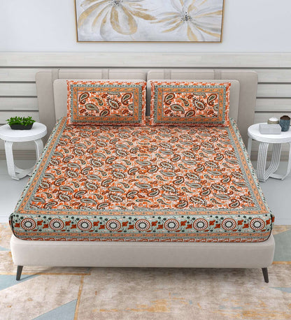 100% Pure Cotton Traditional Printed Bedsheet for Double Bed King Size Bedsheet with 2 Pillow Covers