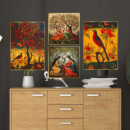 Set of Four Wall Paintings for Wall Dacoration Golden Framed Wall Paintings for Living Room & Bedroom Wall Art for Home Decoration & Office Wall Décor (13×10 inch CH-GD4-13)